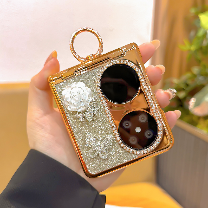 华为pocket2手机壳新款折叠全包P50pocketS镀金镶钻保护壳铰链轻奢宝盒外壳女指环扣高级感手机套闪粉保护套