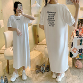 短袖 女装 宽松大码 超长款 胖MM女士新款 过膝连衣裙春夏棉T恤裙 韩版