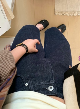 防褪色高腰九分阔腿牛仔裤女