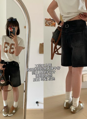 复古碳黑牛仔五分裤女遮胯显瘦