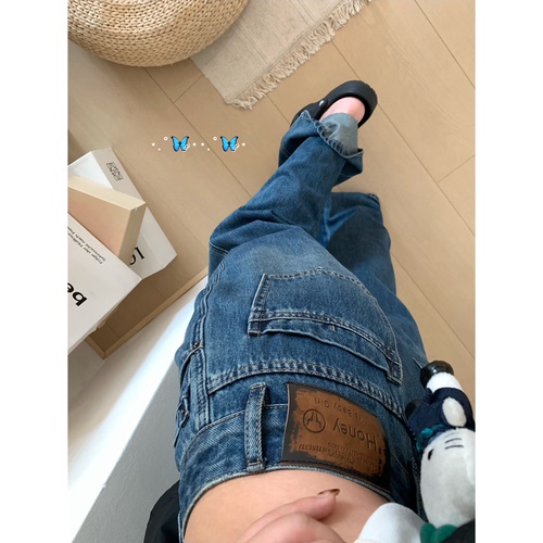 水洗做旧蓝高腰显瘦阔腿牛仔裤