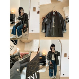 XFYSTYLE_复古灯芯绒翻领撞色格纹中长款工装风衣外套女2026新款