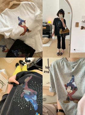 复古做旧魔法米奇宽松短袖T恤女