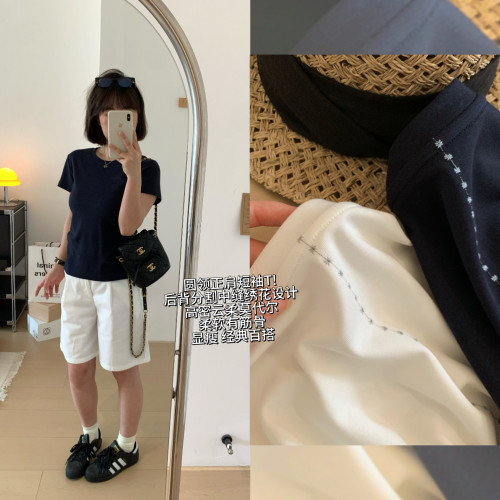 莫代尔高弹显瘦刺绣短袖T恤女