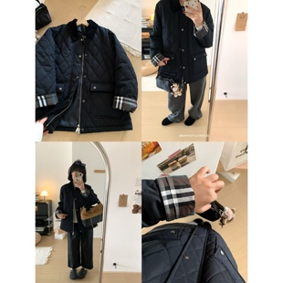 XFYSTYLE_巴恩风格纹拼接夹棉棉服女25冬中长款保暖加厚复古外套