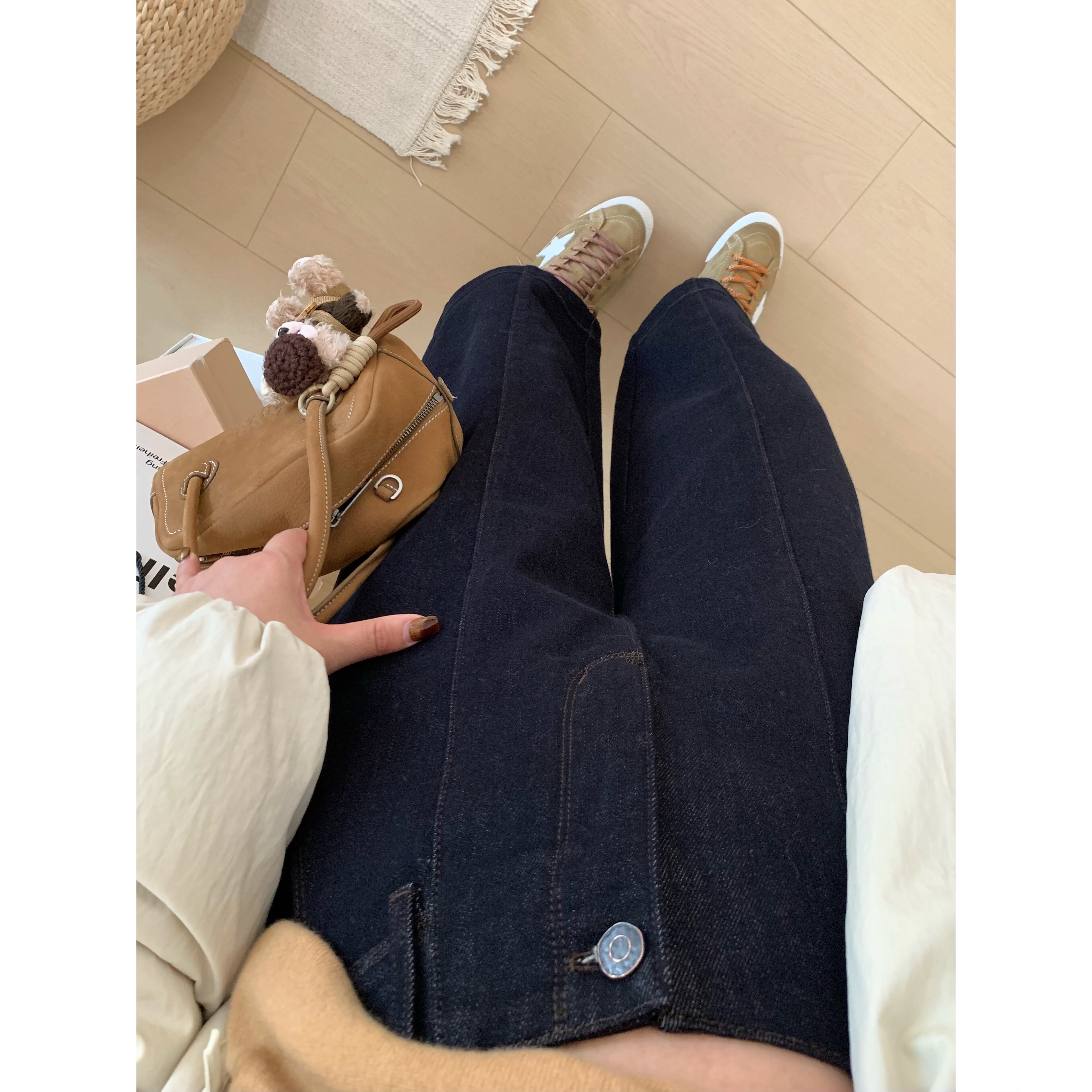 防褪色加绒提花直筒九分牛仔裤