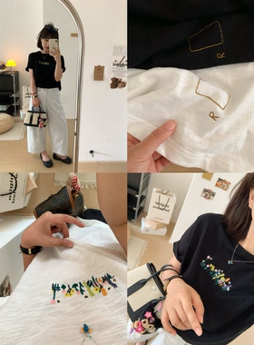 竹节棉刺绣小花短袖T恤女夏透气