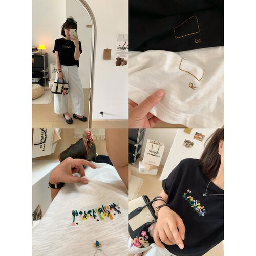 竹节棉刺绣小花短袖T恤女夏透气