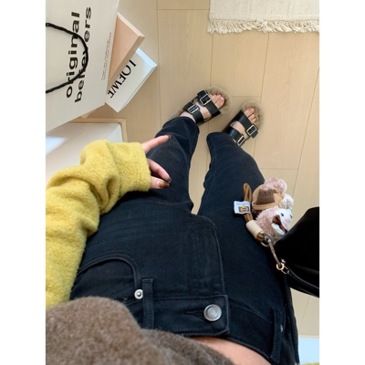 四面弹高腰显瘦小直筒修身牛仔裤