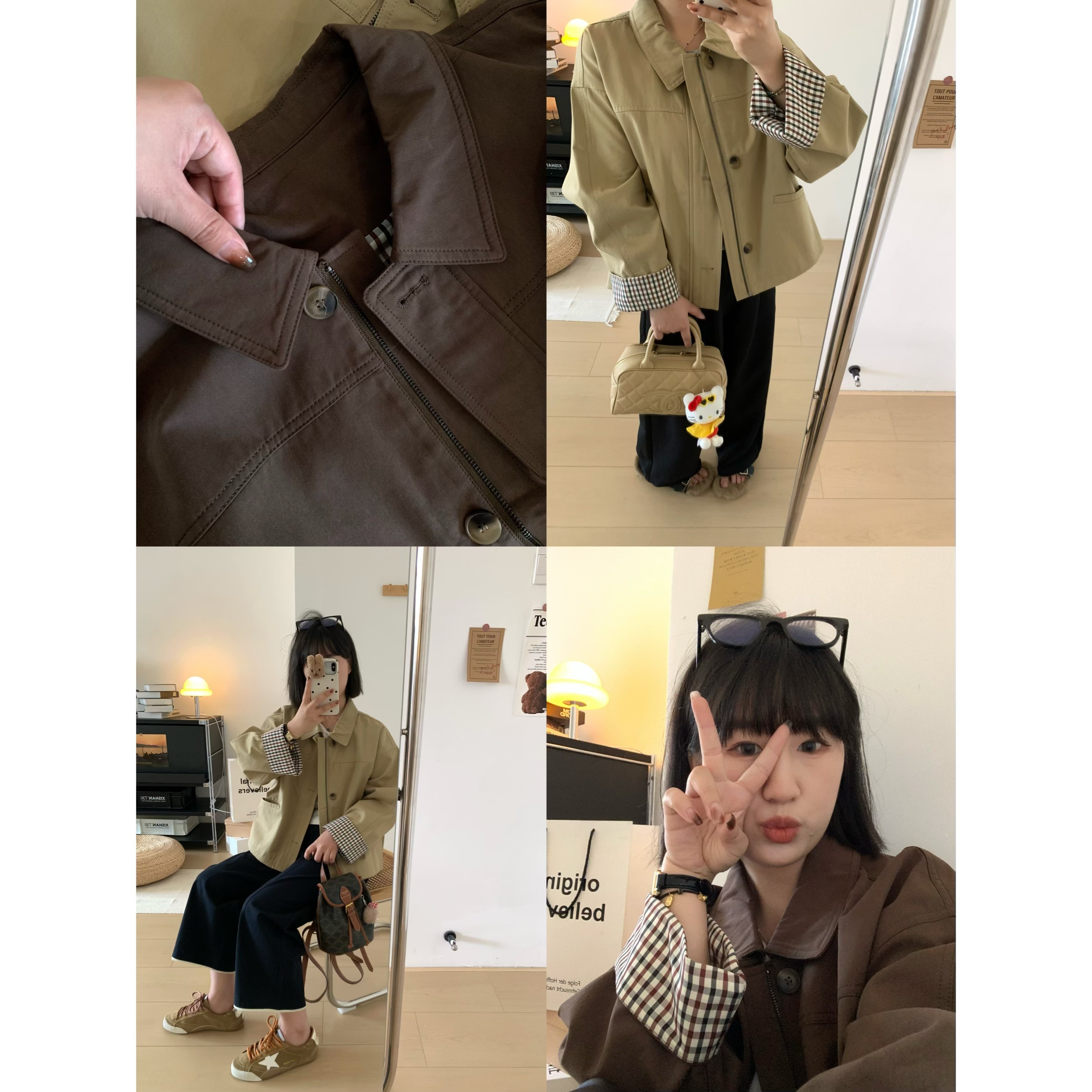 XFYSTYLE_格纹翻袖小个子短款风衣女2025秋韩系工装休闲夹克外套,女装/女士精品,风衣,淘宝优惠券,粉丝福利购,淘宝优惠卷