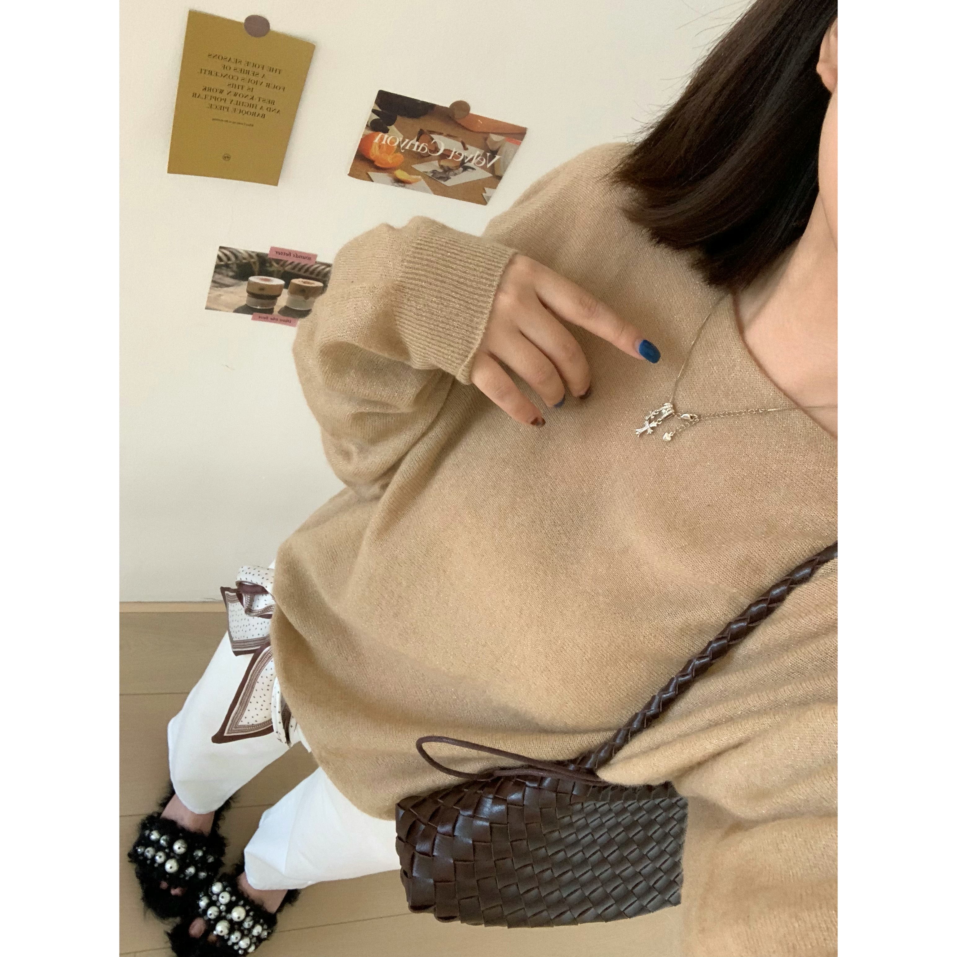 XFYSTYLE_温柔细闪一字领针织衫宽松落肩袖软糯羊毛混纺显瘦上衣