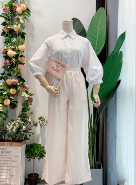 G家 时尚洋气通勤高腰休闲显瘦宽松阔腿裤纯色开衩女士裤子63161