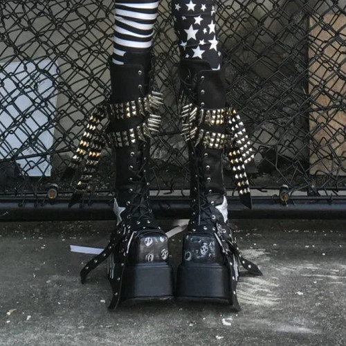 antaina34-46大码女靴可定制星星铆钉方头松糕厚底鞋朋克靴2436