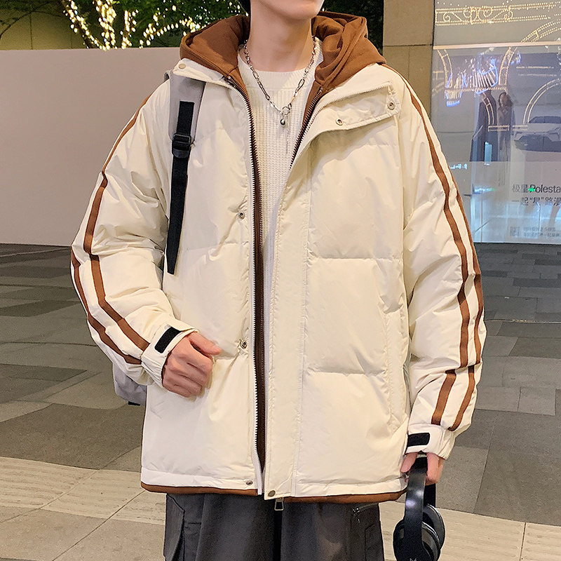 男士冬季加厚短款假两件羽绒服潮流连帽防寒服上衣韩版鸭绒外套
