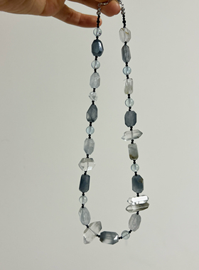 原创 天然蓝灰兔毛海蓝宝小众设计感项链