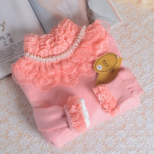 秋冬新款加绒加厚针织百搭长袖高领蕾丝花边毛衣修修显瘦时尚花朵