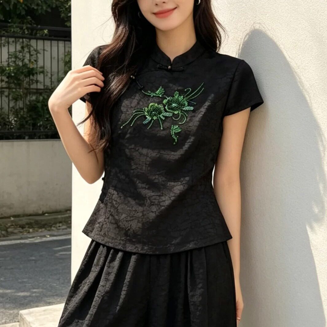 名迅2026夏季新款 新中式国风刺绣黑色提花修身显瘦短袖上衣女