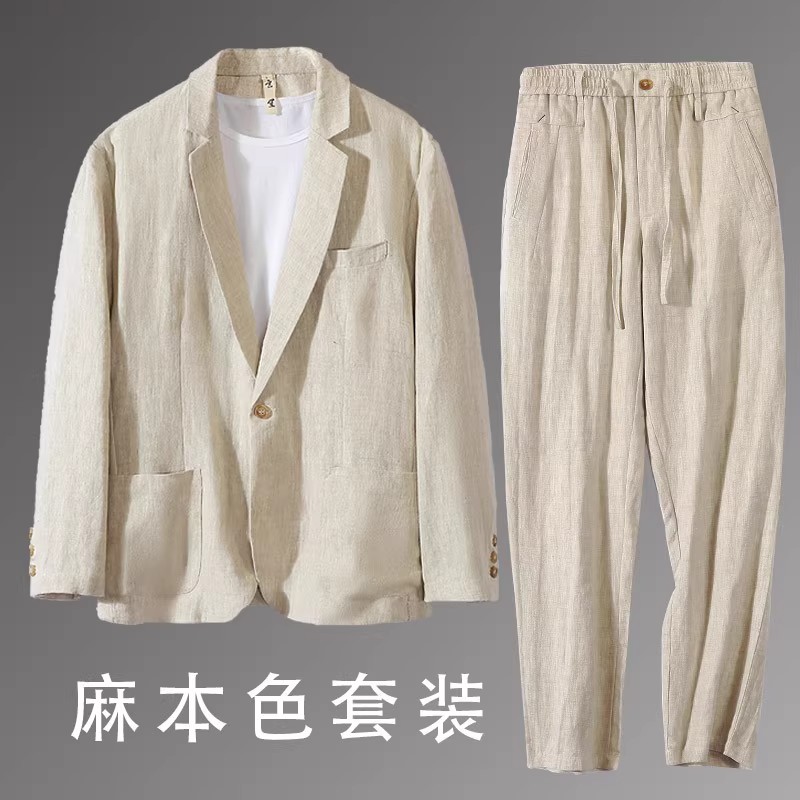 纯亚麻宽松西装外套男潮流翻领