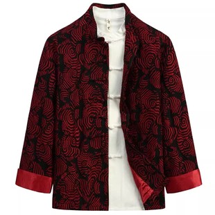 秋新款唐装男中国风国潮中式改良长袖红色提花外套原创中式上衣男