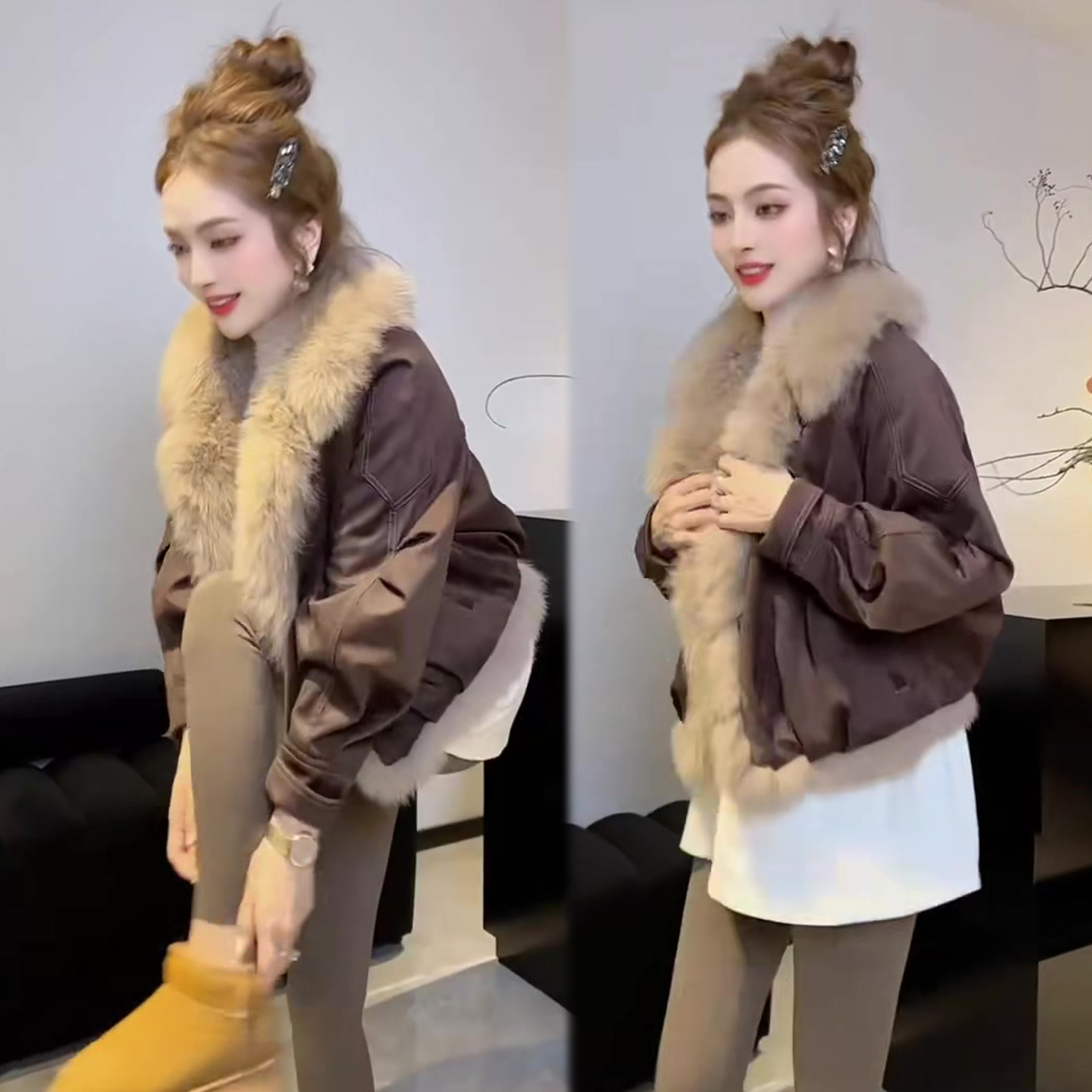 长毛翻领时尚洋气外套女2025冬季新款保暖网红爆款上衣遮肉外衣潮,女装/女士精品,短外套,淘宝优惠券,粉丝福利购,淘宝优惠卷