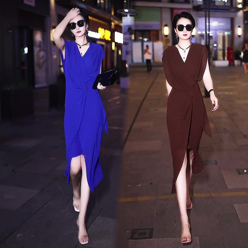 网红抖音同款时尚连衣裙女2023年夏季新款蝙蝠型显瘦雪纺高腰裙子