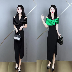蝴蝶结露肩连衣裙女2026春季新款设计感成熟气质开叉长裙女裙子潮