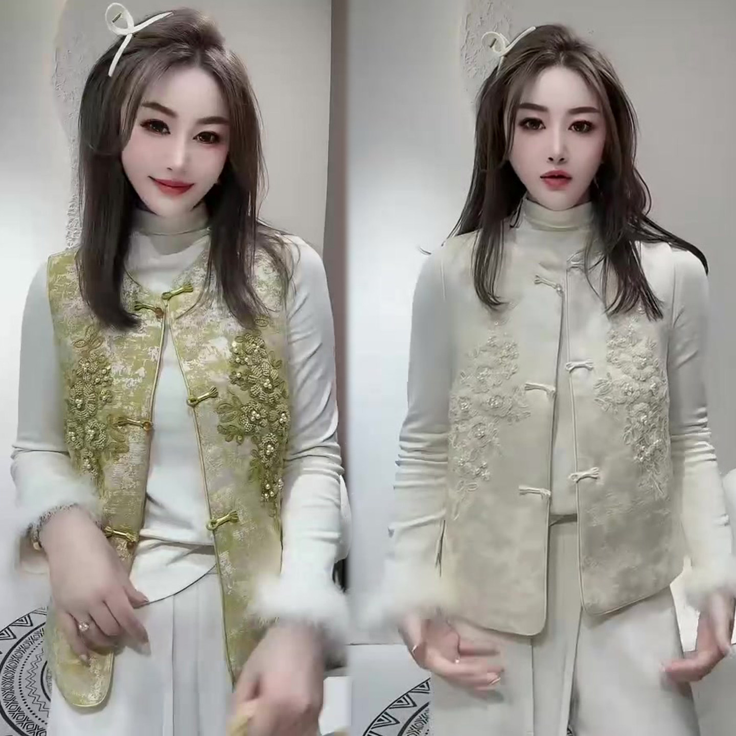 国风两件套女2025冬季新款新中式串珠刺绣提花马甲+毛毛袖打底衫,女装/女士精品,时尚套装,淘宝优惠券,粉丝福利购,淘宝优惠卷