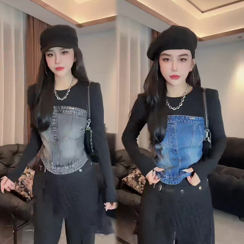 牛仔拼接设计感T恤女打底衫