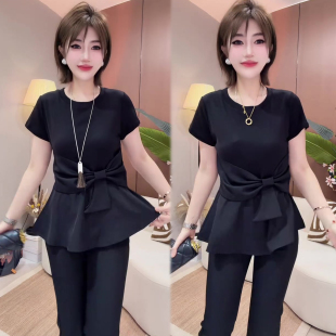 时尚网红新款套装女2026夏新款蝴蝶结短袖+小脚裤洋气百搭两件套