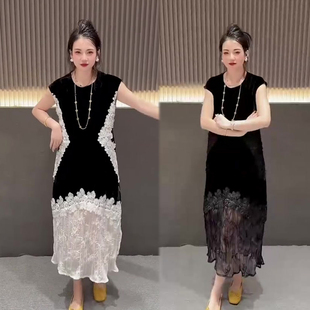 优雅气质蕾丝拼接连衣裙女2026夏季新款假两件刺绣长裙显瘦女裙子