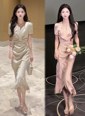 气质优雅时尚高档缎面连衣裙女秋季新款绑带设计感收腰显瘦裙子潮