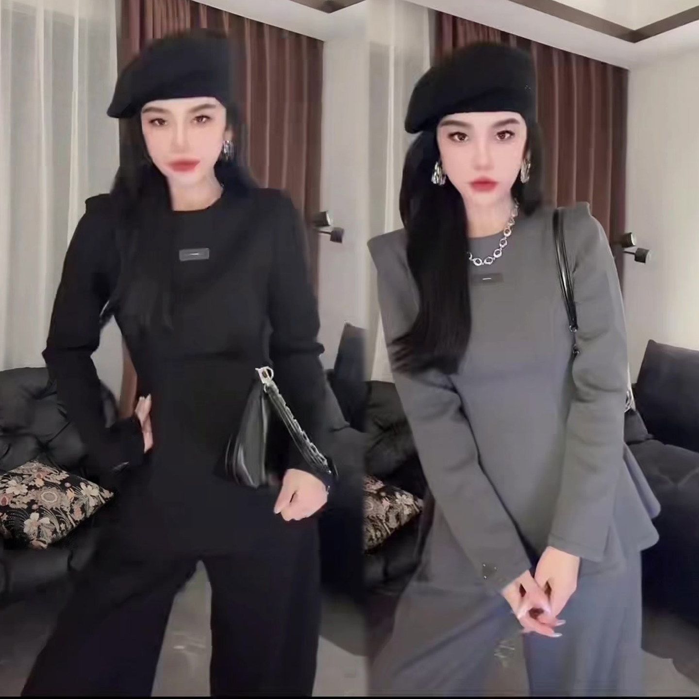 净版时尚套装女冬季新款时髦收腰圆领上衣+高腰阔腿遮肉长裤两件,女装/女士精品,时尚套装,淘宝优惠券,粉丝福利购,淘宝优惠卷