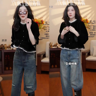 法式风荷叶边长袖丝绒衬衫女2026秋季新款喇叭袖蕾丝拼接百搭上衣