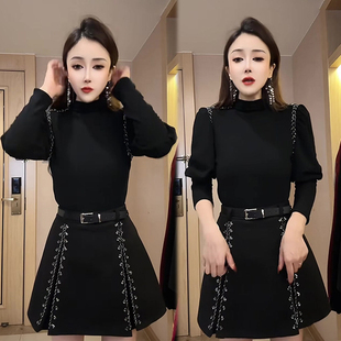 高腰短裙套装 黑色气质高街钉珠时尚 百搭洋气小衫 新款 两件套女冬季