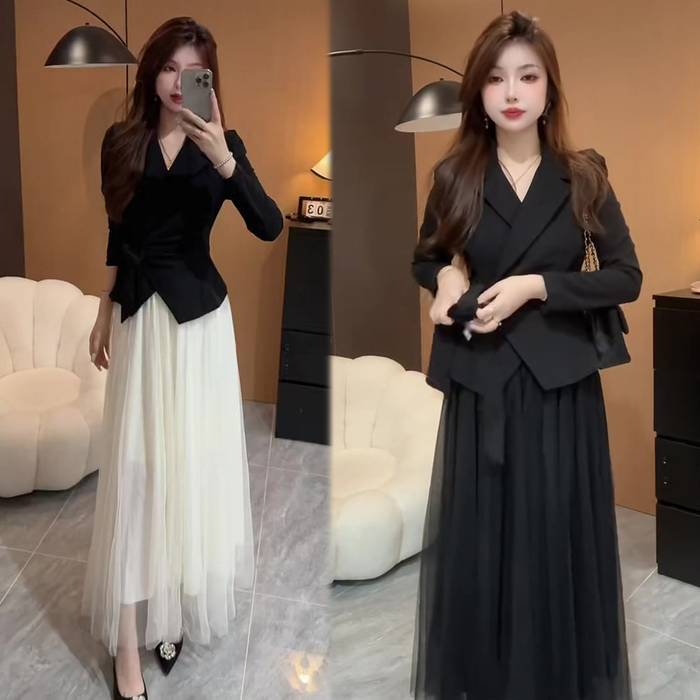 高级感大女主时尚套装裙2026秋季新款西服外套+网纱半身裙两件套