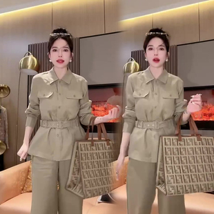 欧货时尚套装女2025秋季新款韩版显瘦收腰翻领上衣+哈伦裤两件套