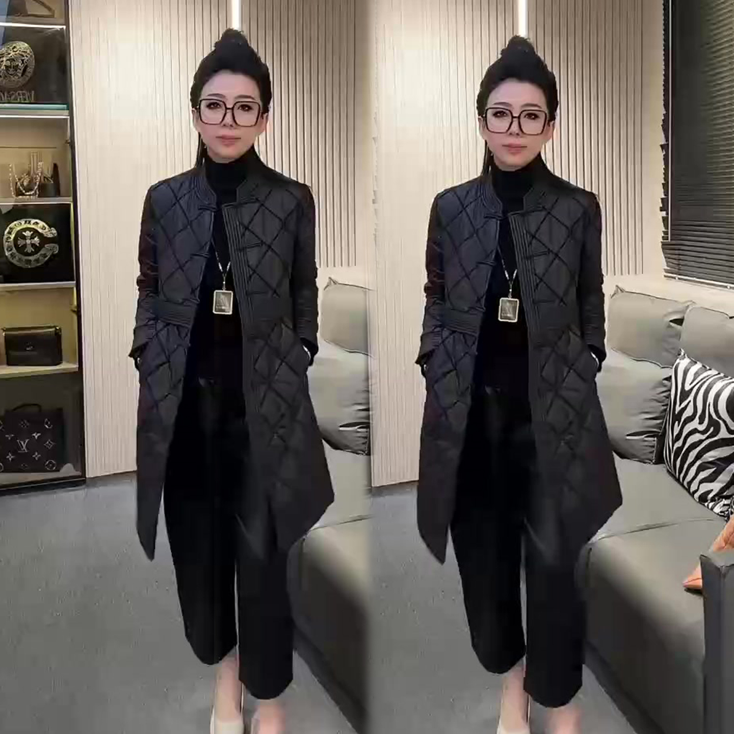 国风盘扣压格中长款棉服女