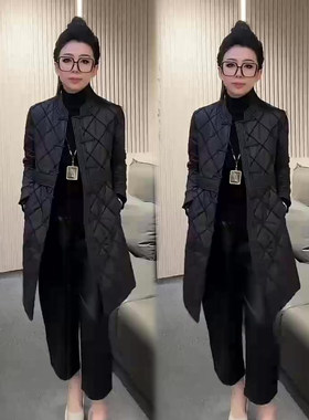 国风盘扣压格中长款棉服女