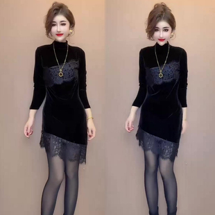 爆款 成熟气质时尚 女裙子中长裙 新款 高领蕾丝拼接丝绒连衣裙女冬季