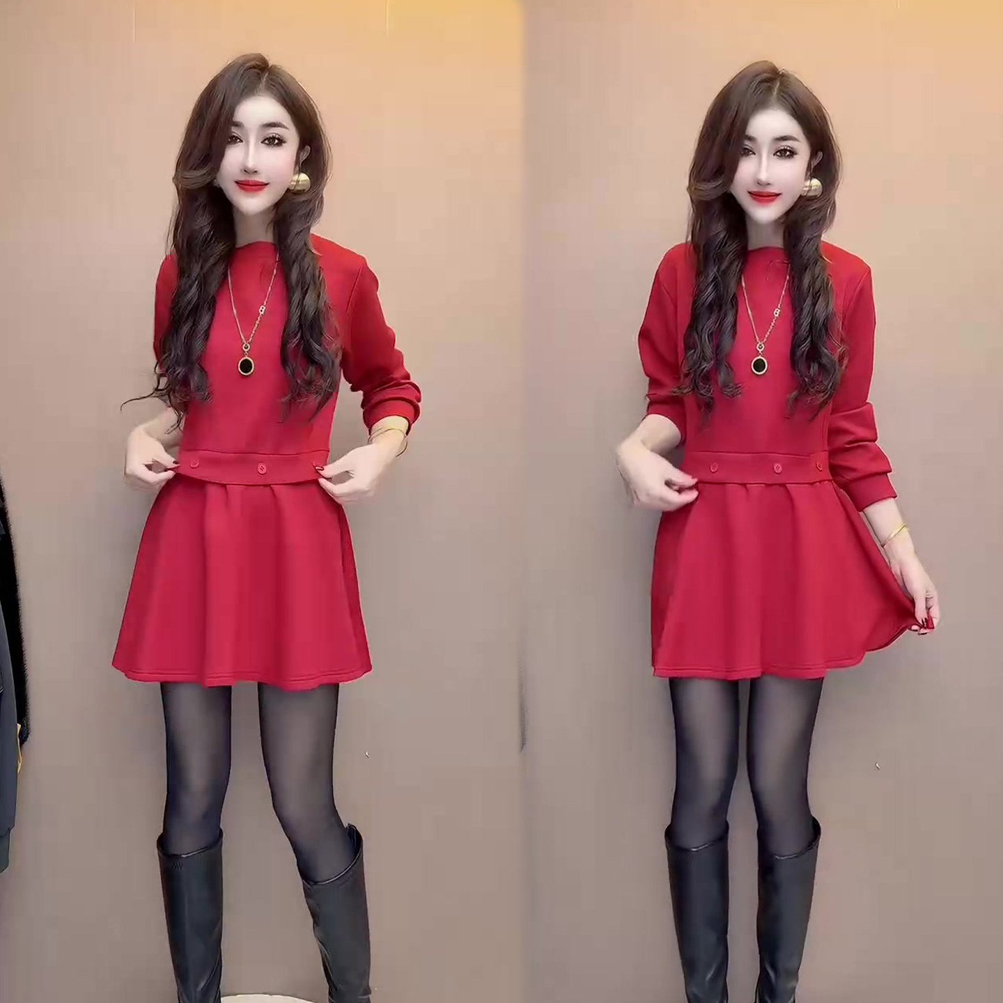 设计感韩系假两件连衣裙女春季新高腰显瘦气质百搭网红中长裙女裙