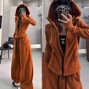 连帽开衫 新款 外套 阔腿长裤 潮 休闲毛粒绒套装 两件套装 女2025冬季