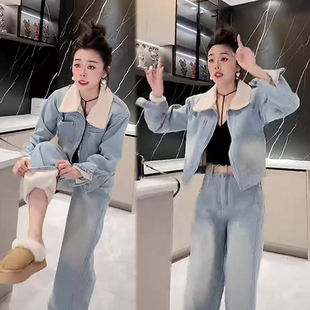 冬季新款加绒加厚牛仔套装女欧货洋气百搭外套显瘦遮肉阔腿裤套装