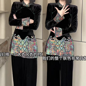 套装 上衣 女冬季 国风气质时尚 新款 立领丝绒中长款 高腰长裤 两件套