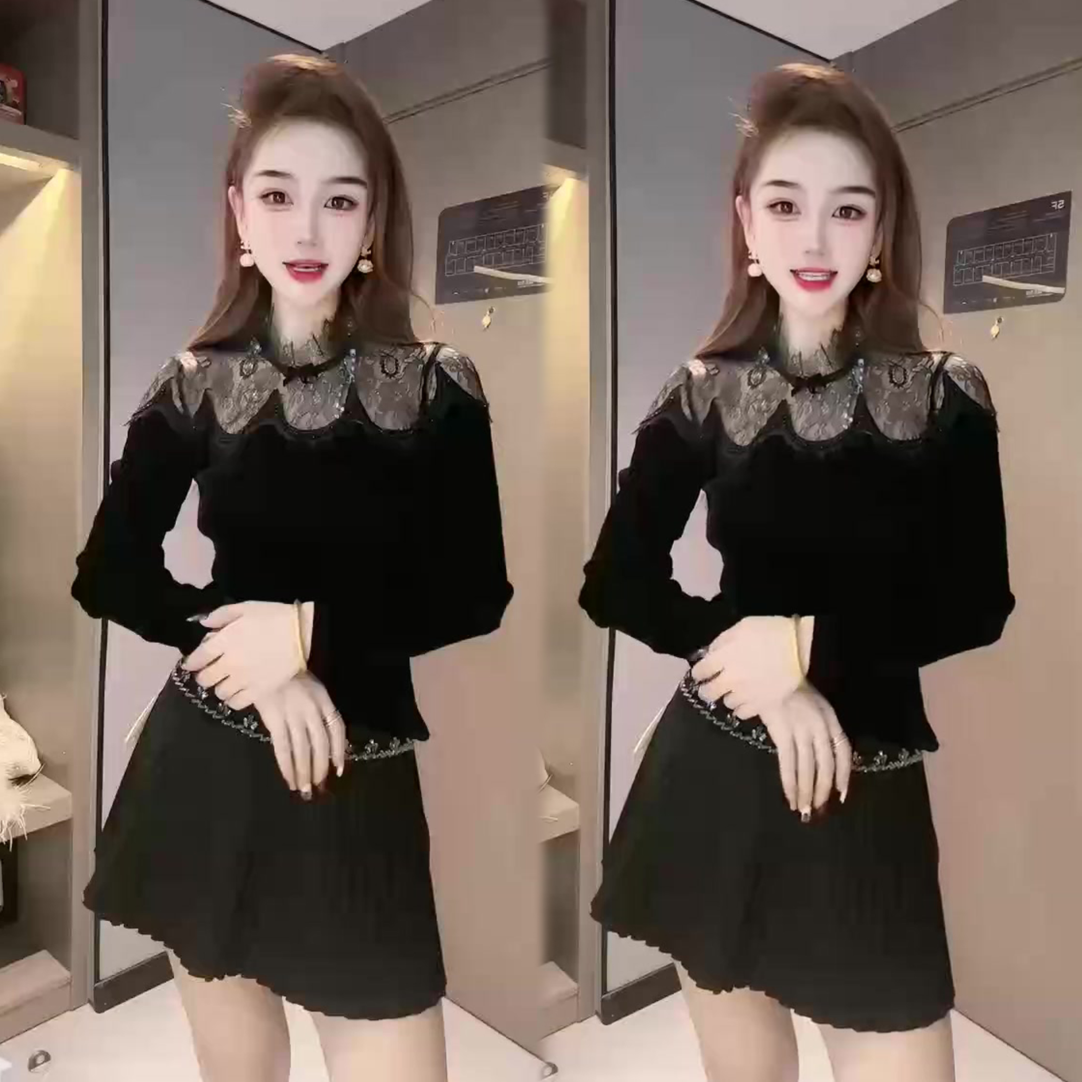 蕾丝拼接丝绒打底衫女