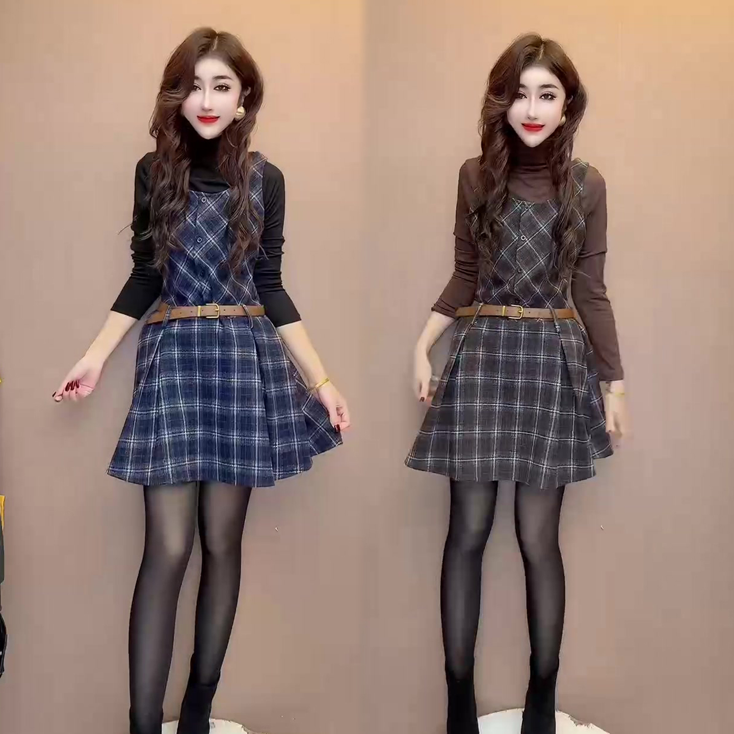 时尚减龄套装裙冬季新款时髦休闲百搭高领小衫+遮肉显瘦背带裙潮