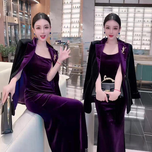 女神范丝绒套装女外套吊带连衣裙