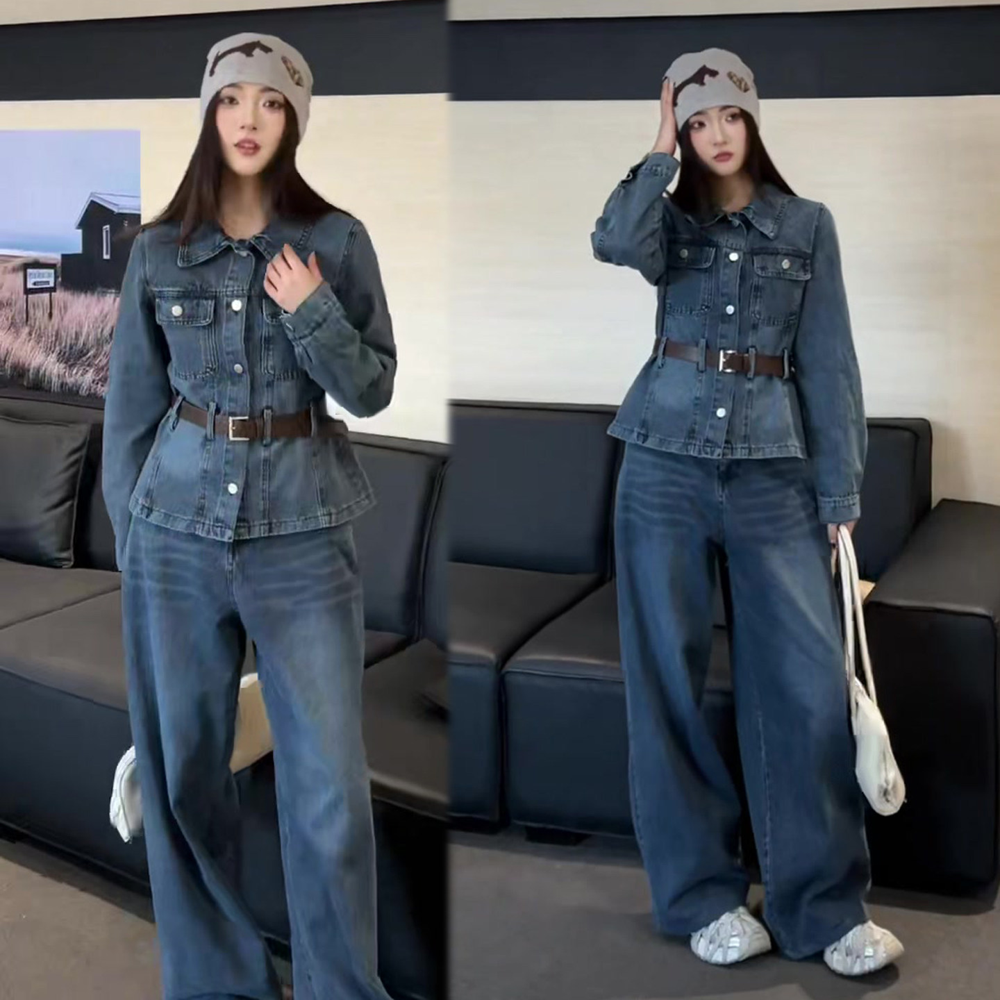 高级感牛仔套装女2026春季新款水洗牛仔腰带上衣+长裤阔腿裤两件,女装/女士精品,时尚套装,淘宝优惠券,粉丝福利购,淘宝优惠卷