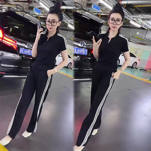 欧货时尚条纹设计休闲运动套装女百搭时尚短袖t恤显瘦卫裤两件套