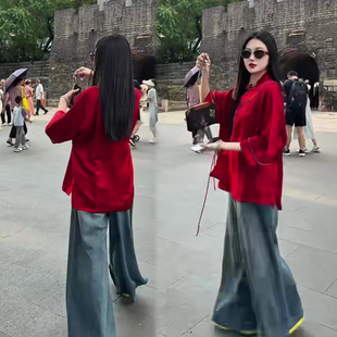 禅意风中式套装女2025秋冬新款立领上衣+高腰韩版牛仔阔腿裤两件