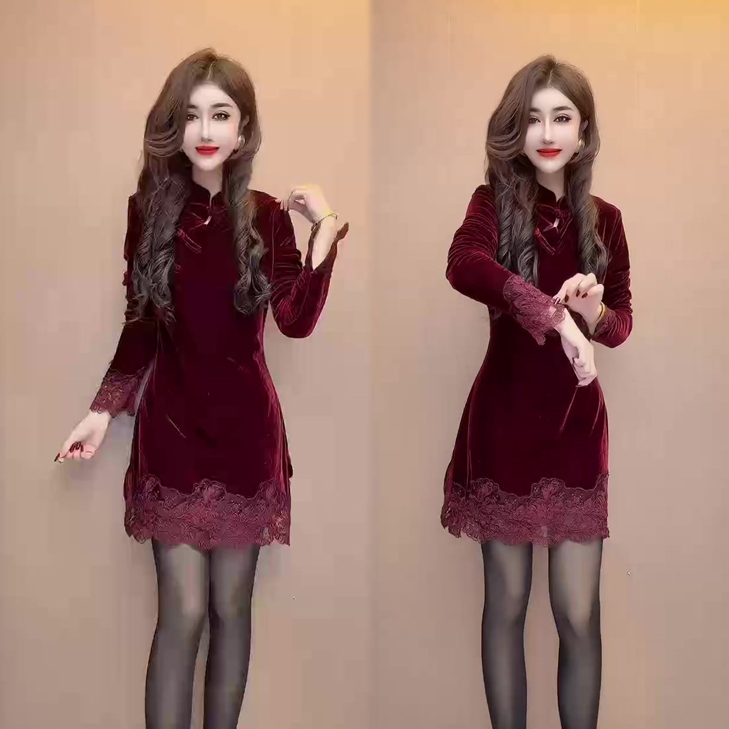 蕾丝拼接丝绒连衣裙女2026春季新款新中式国风气质显瘦中长裙女裙,女装/女士精品,连衣裙,淘宝优惠券,粉丝福利购,淘宝优惠卷